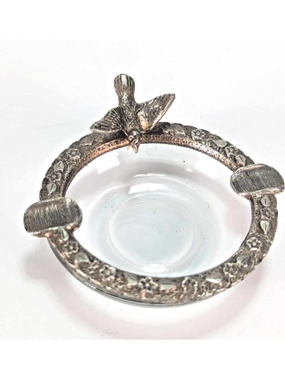 Mid-Century Hollywood Regency Glass & Metal Bird Ashtray Vanity Catchall Dish